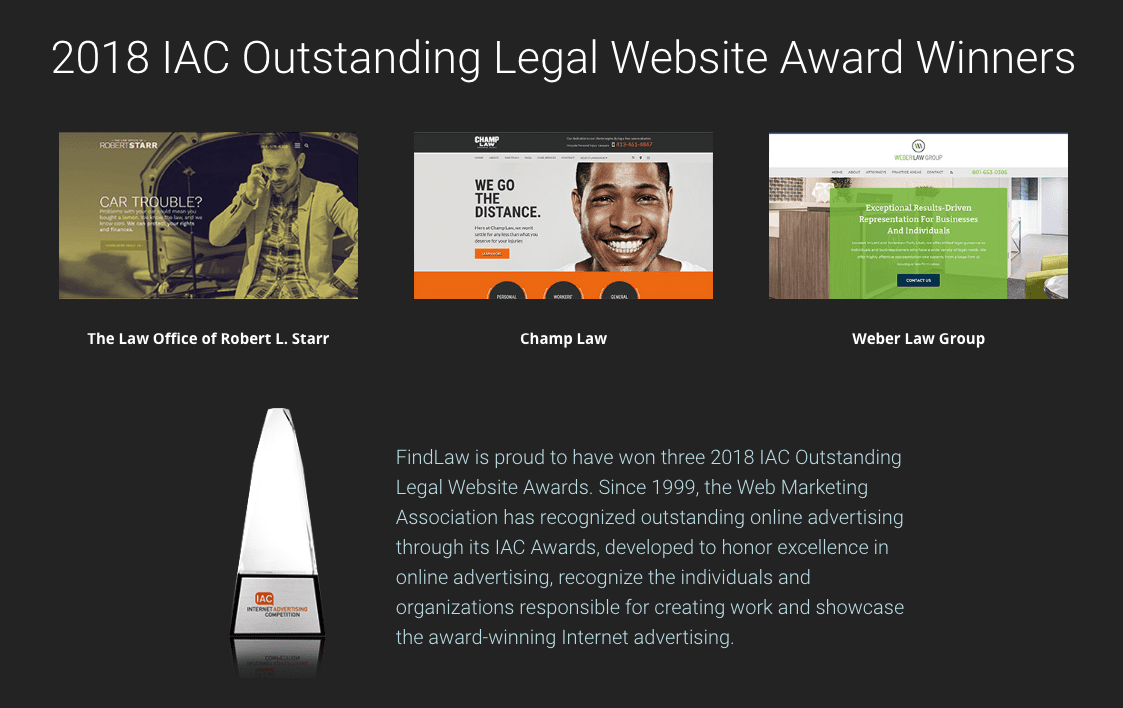 Screenshot from the FindLaw website showing attorneys that they have won website awards.
