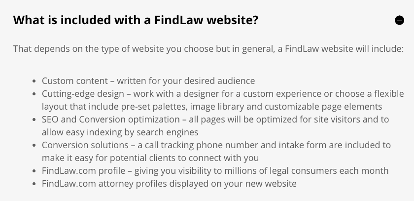 From FindLaw Website FAQ: What is included with a FindLaw website?