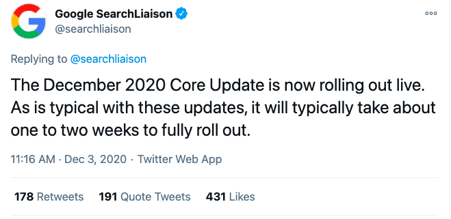 Google's December 2020 Algorithm Update Tweet