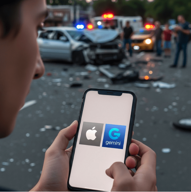 AI at the Scene: How Apple’s Gemini Integration Could Transform Law Practice Smartphone displaying Apple-Gemini integration interface held at car accident scene with emergency responders, illustrating real-time AI assistance for legal situations