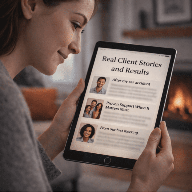 Potential client viewing authentic client testimonials and case outcomes on responsive law firm website