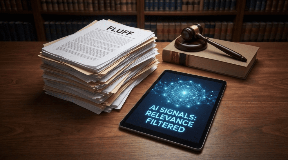 From Fluff to AI Signals: What Your Practice Area Pages Are Missing A stack of papers labeled "Fluff" sits on a law office desk next to a tablet displaying "AI Signals: Relevance Filtered," with a gavel and law books in the background — illustrating the gap between generic legal content and the specific signals AI systems look for.