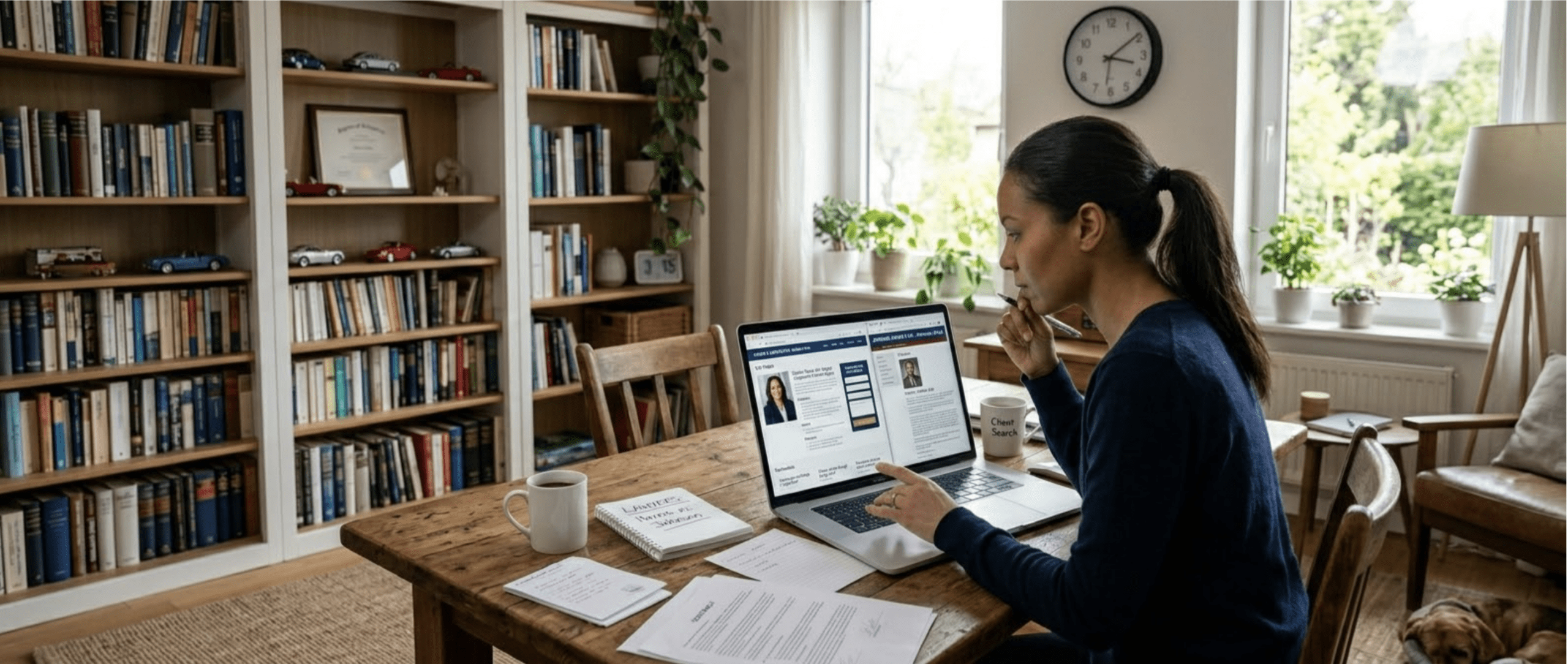 An attorney sits at a home office desk reviewing her law firm website on a laptop, with legal notes and a coffee cup nearby, researching how to optimize her attorney bio for AI-generated searches.