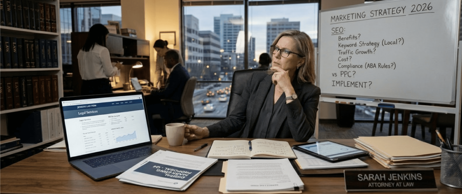 A female attorney sits at her desk reviewing digital marketing analytics on a laptop, with a whiteboard behind her listing SEO questions including keyword strategy, traffic growth, and compliance with ABA rules — representing the decisions law firms face when evaluating their marketing strategy in 2026.