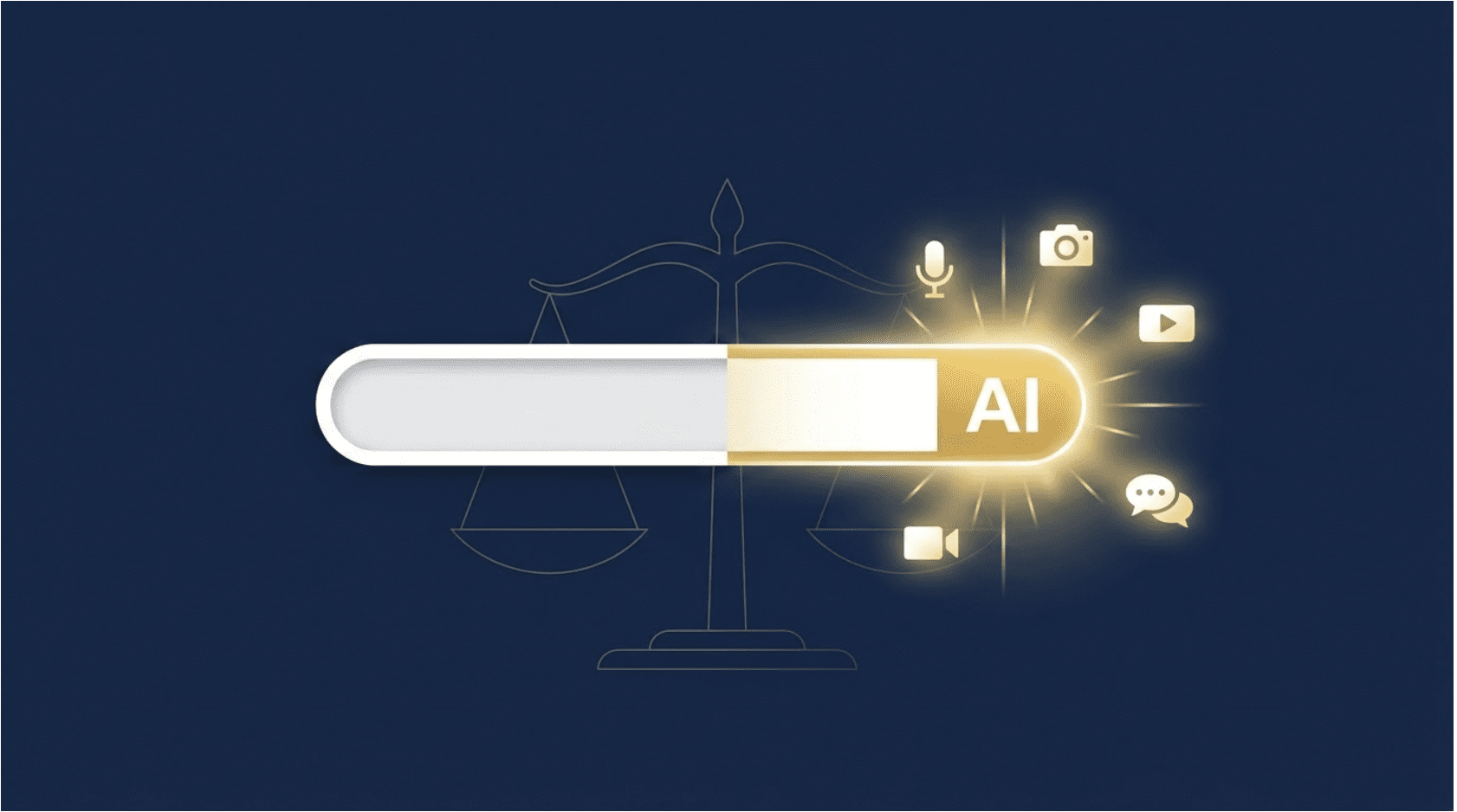 A traditional Google search box transforms into a glowing AI-powered search interface with voice, camera, and video icons, set against line-art scales of justice, illustrating Google I/O 2026 search changes for law firms.