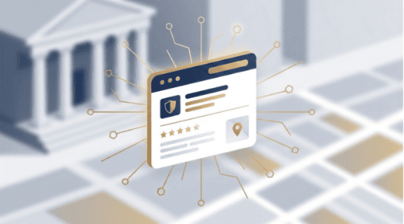Illustration of a Google Business Profile card with a shield icon, star rating, and location pin, connected by glowing data lines to a courthouse, representing AI search systems reading a law firm's profile.