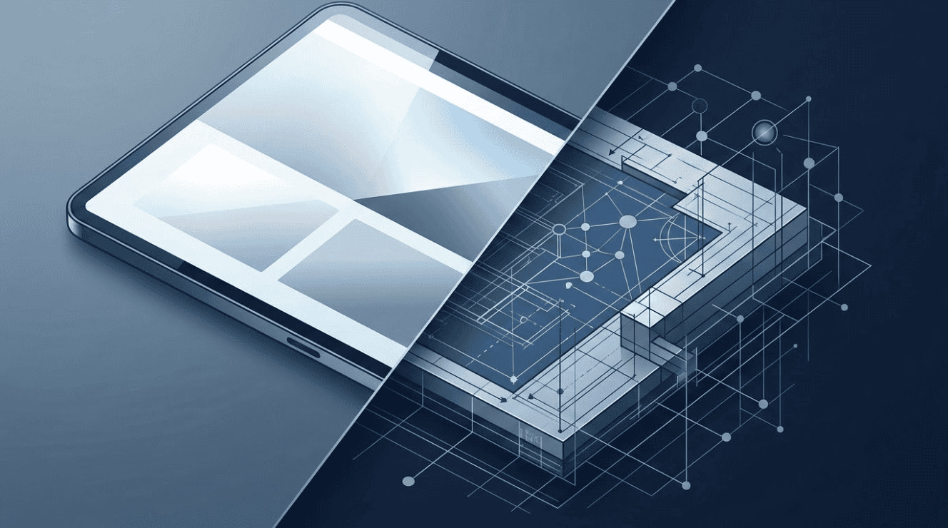 A website builder screen split in half: one side shows a polished, finished-looking page, the other reveals the structural blueprint underneath it.