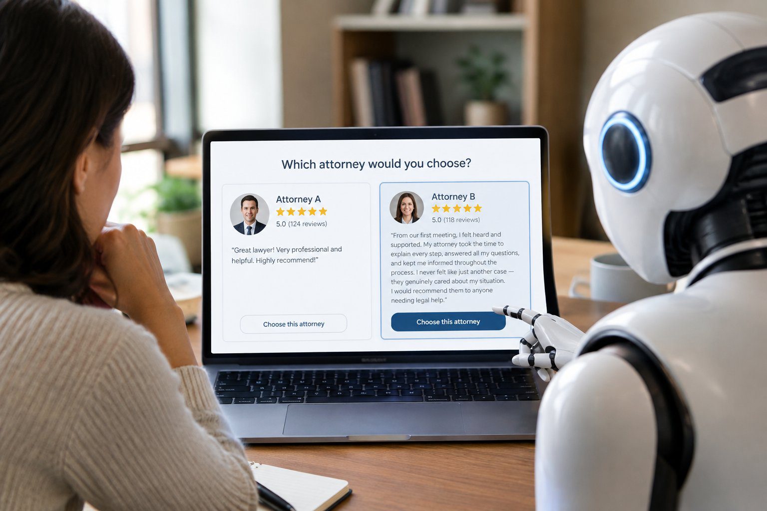 AI robot selecting the attorney whose law firm review describes the client experience in detail over a one-line review